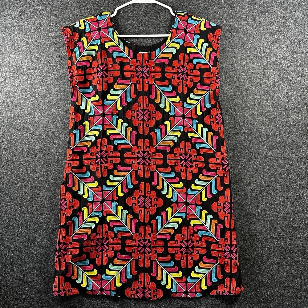 J.Marie Womens Sz Med Aztec Embroidered Sleeveless Shift Midi Dress Southwestern